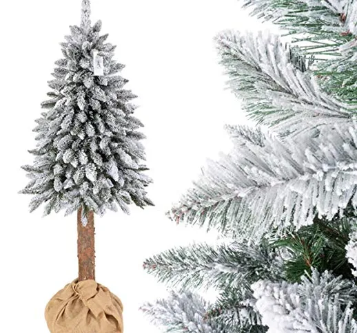 FairyTrees Albero di Natale Artificiale in Vaso Abete Tronco Naturale, con Fiocchi di Neve...