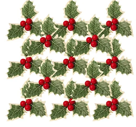 30 pezzi di simulazione natalizia bacche di agrifoglio con foglie verdi,bacche di agrifogl...