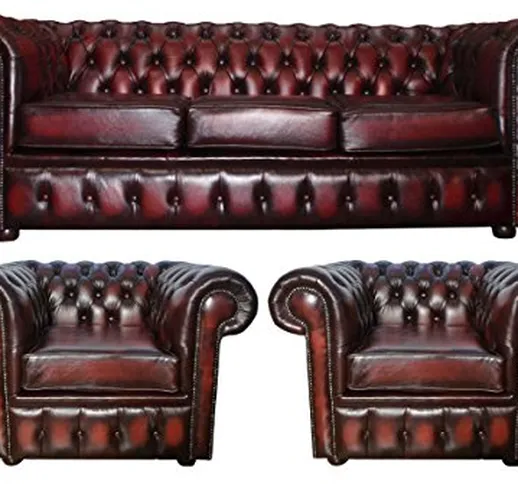CK Chesterfield, set divano a 3 posti e 2 poltrone a pozzetto in vera pelle moderno Rosso...