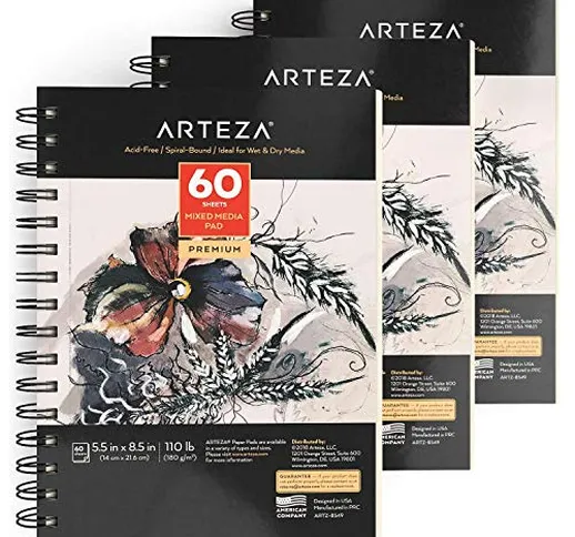 ARTEZA Blocco Disegno Pittura Tecniche Miste, (14 x 21,6 cm) 60 Fogli Sketchbook, Perfetto...