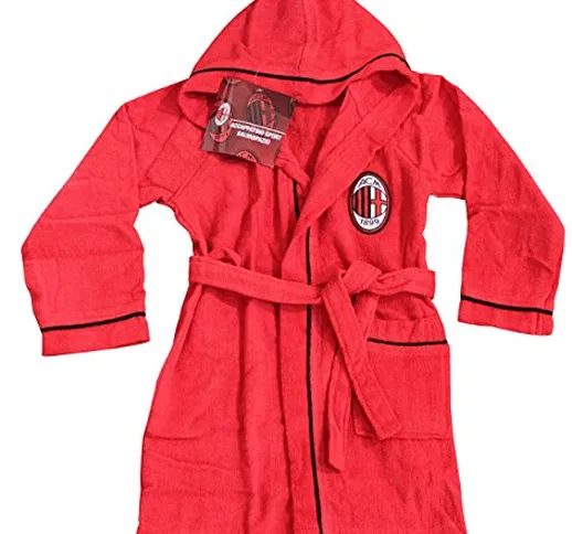 NUOVO ACCAPPATOIO CON CAPPUCCIO UFFICIALE AC MILAN TG 4 6 8 10 12 14 ROSSO NERO 100% MICRO...