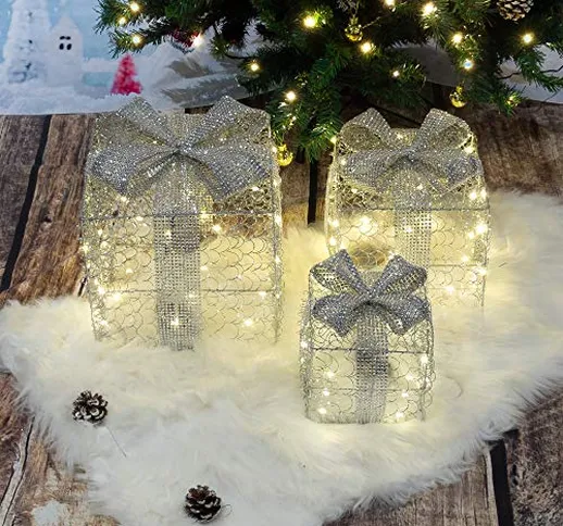 SA Products, 3 scatole natalizie con luci LED e nastro argentato; ornamento in fil di ferr...