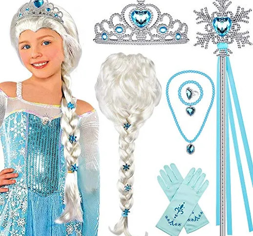 Tacobear Principessa Frozen Vestito Accessori Elsa Parrucca Treccia Principessa Collana Di...