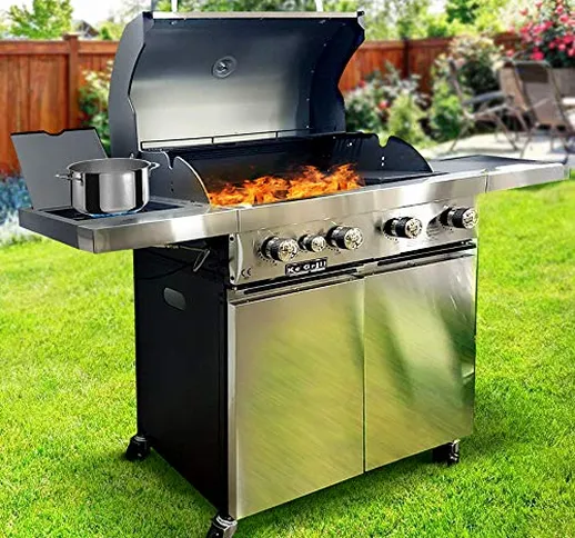 BAKAJI Barbecue a Gas e Pietra Lavica 4 Fuochi Bruciatori 12kw Griglia 70x40cm con Piano d...