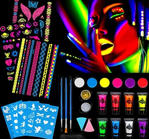 HOWAF Vernice Fluorescente Colorato, Trucchi per Truccabimbi, Neon Trucco Kit per Viso Cor...