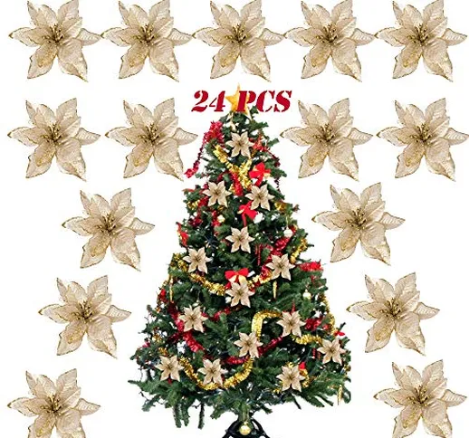 SERWOO (Dia. 15cm) 24pz Fiore Artificiale Natale per Albero Oro Finti Natalizi Decorazione...