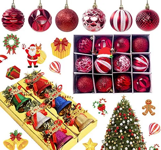 BAIBEI Natalizie Ornamento Decorazione, 6 Pezzi Campane di Natale in plastica+12 Pezzi Pal...