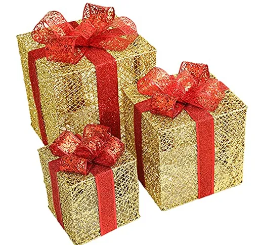 Atroy Set di 3 pacchi di luci natalizie, con fiocco, scatole decorative di Natale con luce...