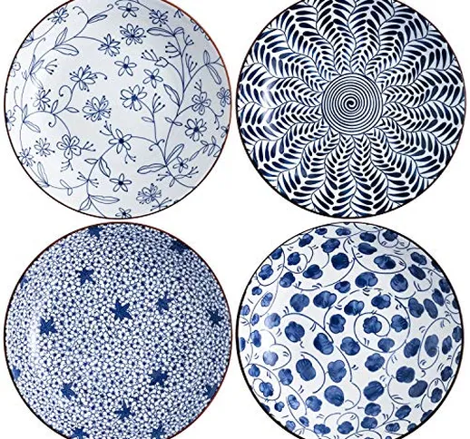 Set di 4 ciotole di pasta per insalata in ceramica, piatti piani da 20 cm blu e bianchi, c...