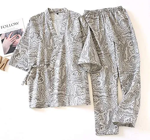 No branded Pigiami Primavera Mens 100% Cotone Hanfu Accappatoio Kimono Pajama Set V-Neck T...