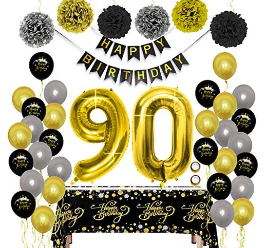 Decorazioni per la Festa del 90 Anni Compleanno set in Oro Nero, Happy Birthday Striscione...