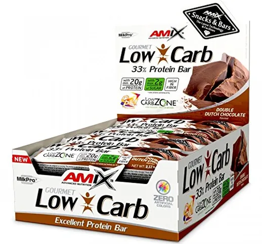 Amix - 15 barrette proteiche Low-Carb 33% da 60 g, doppio cioccolato