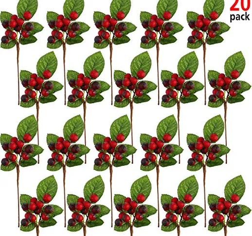 Bacche Artificiali 20 Rami con 240 Pezzi 17 mm Falso Agrifoglio Bacche DIY Natale Frutta C...