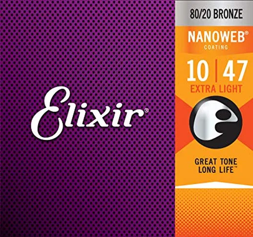 Corde per chitarra acustica bronzo 80/20 Elixir Strings con rivestimento NANOWEB, Extra Li...