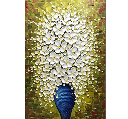 Asdam Art- (100% fatto a mano) 3D fiore bianco in vaso blu arte moderna dipinti ad olio as...