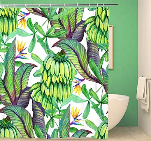 Awowee Decor - Tenda da doccia con motivo a banane tropicali con foglie di fiori, per ster...