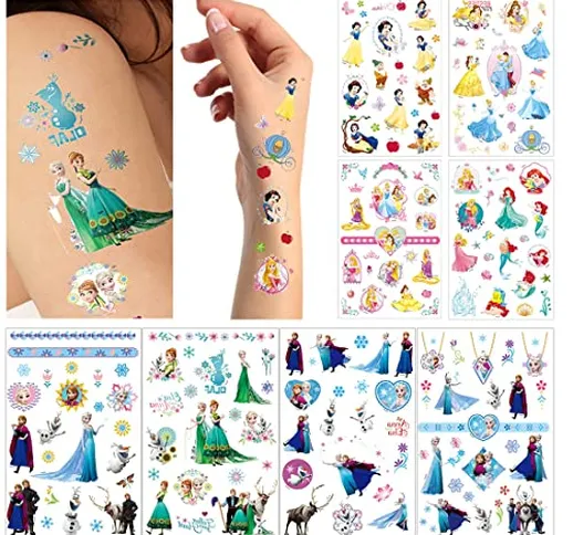 Tatuaggi temporanei Frozen e Principessa per bambini, 8 fogli Adesivo congelato per Tempor...