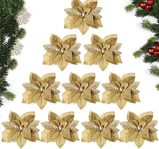 MEJOSER (Dia. 22cm) 10 Pezzi Ornamenti Albero di Natale Oro Fiore Artificiale Finti Addobb...