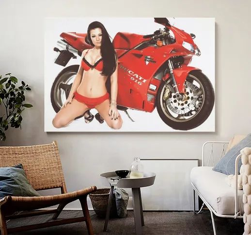 Hot Brunette Girl Ducati 916 Rosso Moto Bici Moto Poster Poster Pittura Decorativa Su Tela...