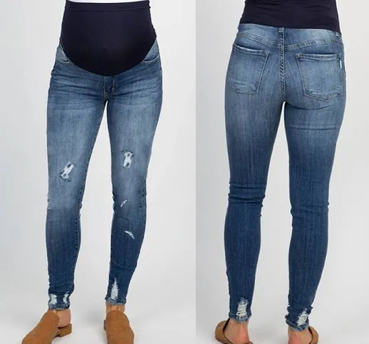 Vestiti da gravidanza per donna Tinta unita Buco Jeans alti Svasati Caviglia Moda per pant...