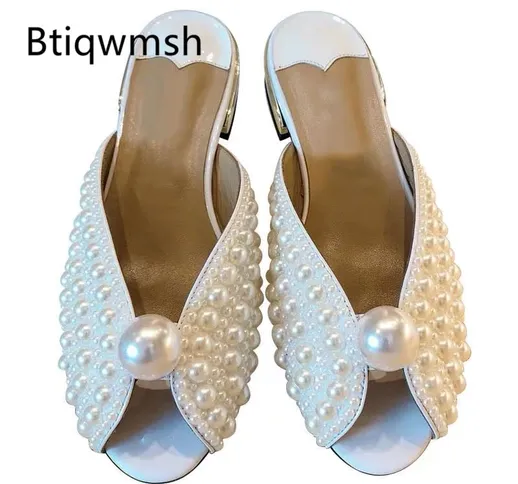 2020 Pantofole di perle bianche fatte a mano da donna Peep Toe con strass Scarpe basse da...