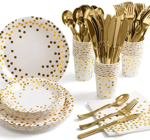 Set di forniture per feste in oro da 70 pezzi Set di posate per feste monouso a punti dora...