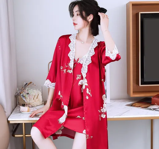 Nuovo stile moda popolare camicia da notte femminile Xia Bing fionda di seta simulazione s...