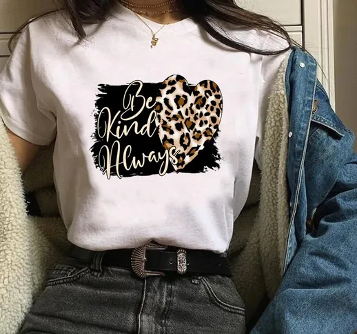 Donne Graphic Leopard Heart Manica corta Casual Trend anni '90 Abbigliamento da donna con...