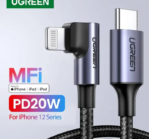 Ugreen MFI usb c至Lightning电缆90度PD充电器，适用于iPhone 12 11 xs xr 8 7 6s 5SE ipad快速...