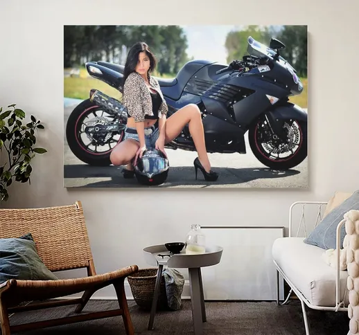 Brunette Hot Girl Kawasaki Moto Bici Moto Poster Canvas Art Poster e Wall Art Picture Prin...