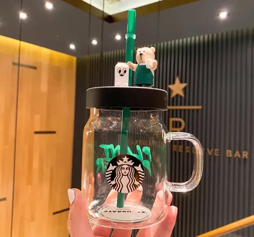 Starbucks new 2021 creative ins Mason paglia tazza tipo orso in vetro femmina 600ml tazza...