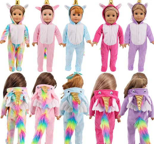 Vestiti per bambole da 18 pollici Costume da unicorno Pigiama tutina con parrucca per cape...