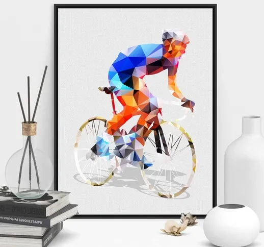 Astratta geometrica poligonale uomo giro in bici tela pittura parete ciclismo sport poster...