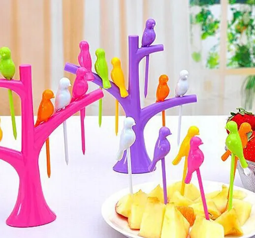 Bird Fruit Sign Dessert Verdura Plastica Ramo di un albero Staffa Set forchetta Stoviglie...