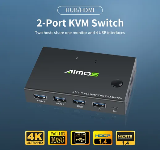 AIMOS AM-KVM201CC Switch KVM HDMI a 2 porte Supporto 4K * 2K @ 30Hz Switch KVM HDMI Tastie...