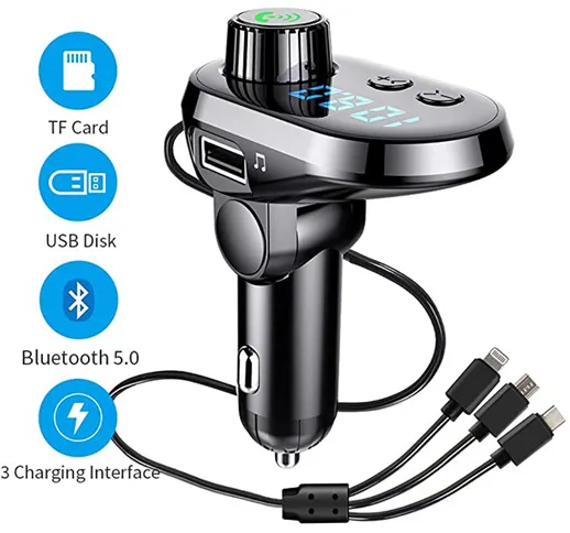 Bluetooth 5.0 bluebooth per auto Telefono a mani libere per auto Trasmettitore fm Caricaba...