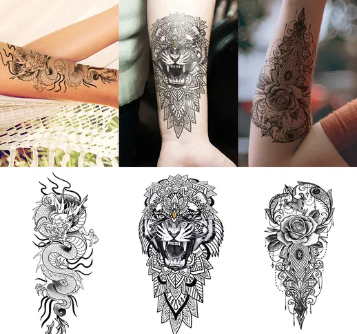 3 set di adesivi per tatuaggi combinati con braccia di fiori grandi modello di stampa di f...