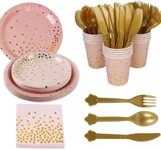 Set di forniture per feste rosa e oro 70 pezzi Posate per feste usa e getta a punti dorati...