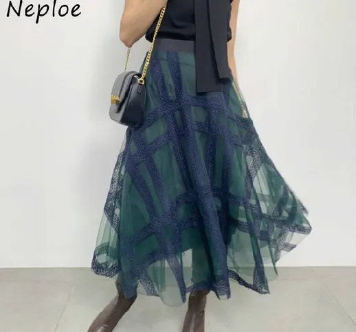 Neploe New Lace Mesh Plaid Patchwork Gonna Autunno Inverno Japan Style All match Jupe Eleg...