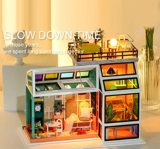 Casa delle bambole in miniatura Kit casa fai-da-te con mobili Copertura antipolvere LED Ca...
