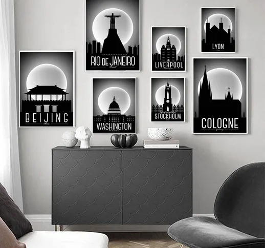Arte della parete della città in bianco e nero Parigi Londra New York Poster e stampe su t...