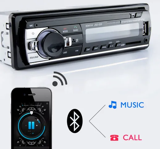 Autoradio, lettore MP3 stereo, Bluetooth digitale 60Wx4, FM, audio, musica, USB/SD con ing...