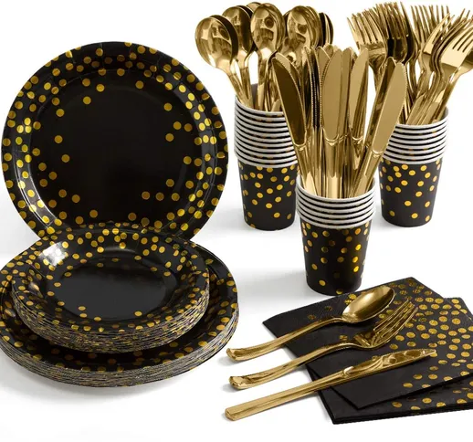 Set di forniture per feste nero e oro 70 pezzi Posate per feste usa e getta a punti dorati...