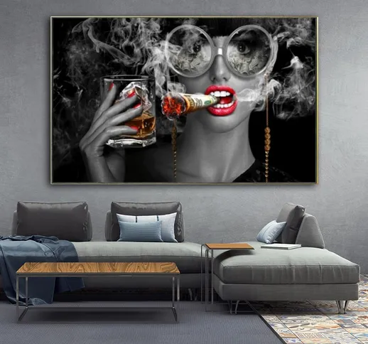 Bar Wall Decor Cool Fumare e bere Gril Poster Stampa su tela Moda Trucco Donna Immagini a...