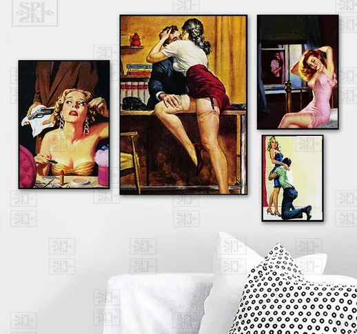 Retro Office Girl Love Wall Art Prints Poster Pictures Pulp Cover Detective Fiction Tela P...