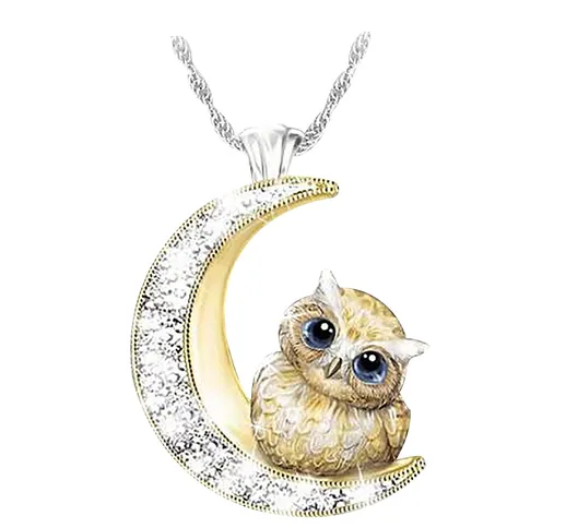 Collana di animali Lady Cute Owl a forma di cuore Ornamento di luna Ciondolo a catena con...