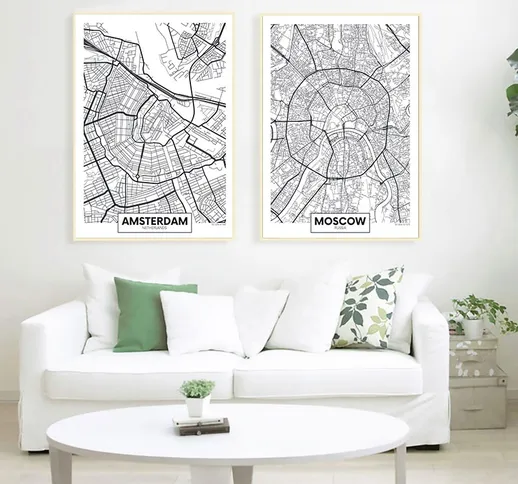 Nero Bianco Parola Poster su Tela Mappa della Città Parigi Londra New York Nordic Stampa S...
