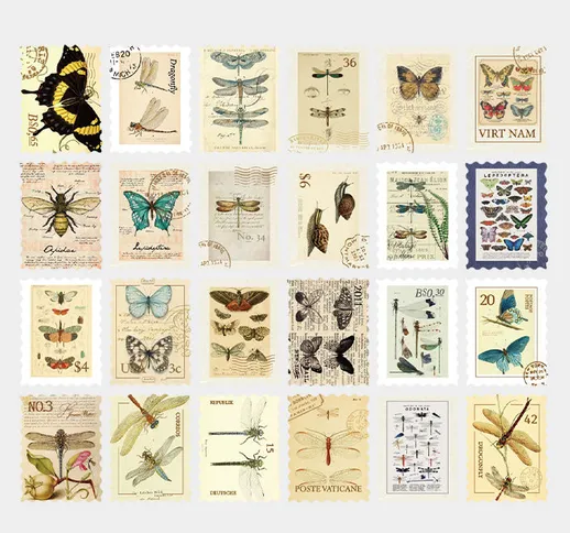 Pacchetto adesivi timbro retrò Filatelia Museo naturale serie fiori, uccelli e insetti ret...