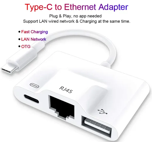 Adattatore da USB C a Ethernet, adattatore 3 in 1 da USB C a RJ45 LAN Ethernet con porta d...