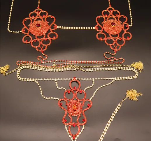 Fashion New INS Trend Flower Body Chain Set Red Crystal Shiny Sexy Bikini Body Jewelry